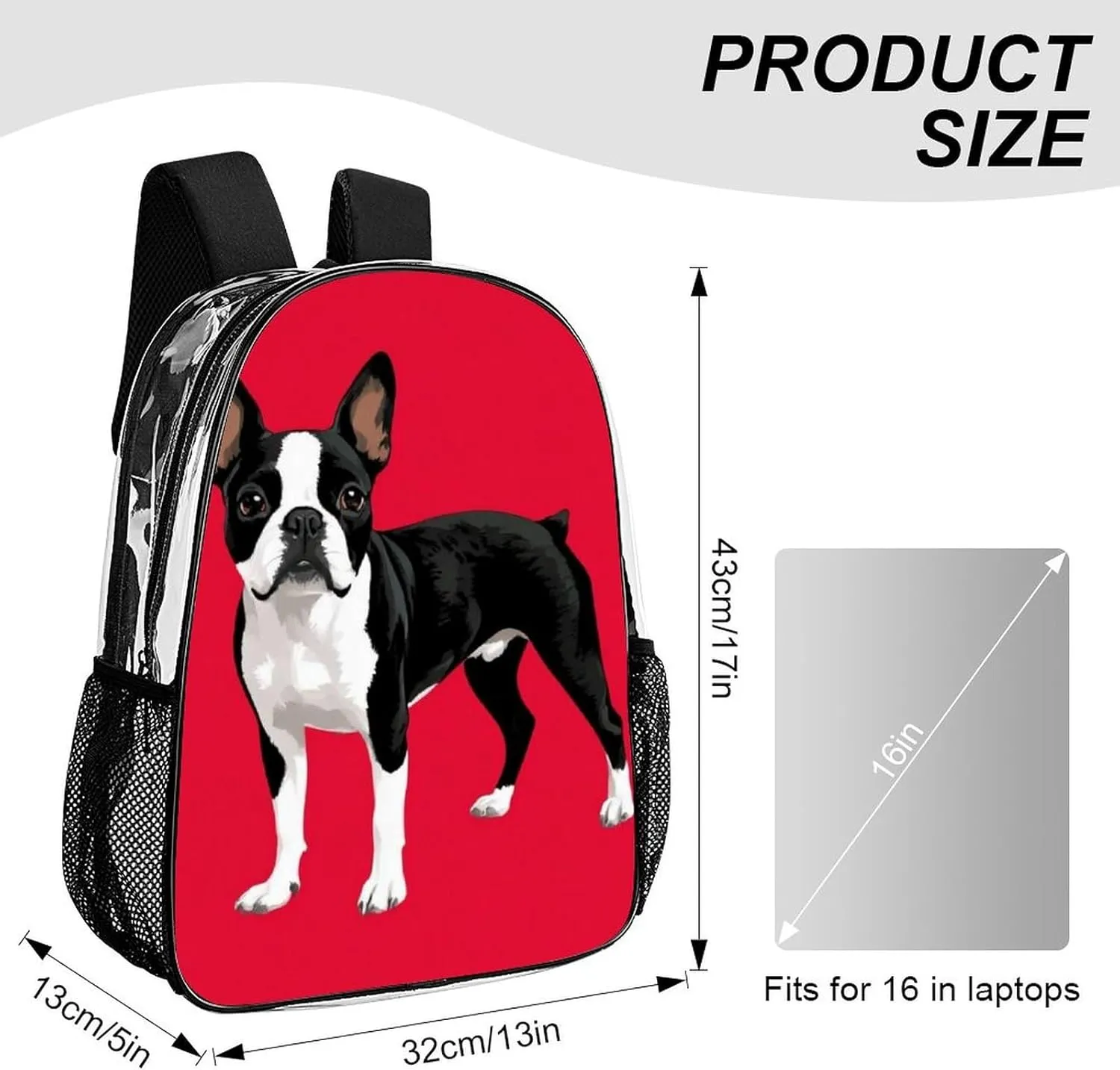 Black And White Boston Terrier Dog Red Backpack Transparent Multipurpose Anti-Theft Shoulder Bag Big Capacity Gym Outdoor Hiking Backpack With Padded Straps