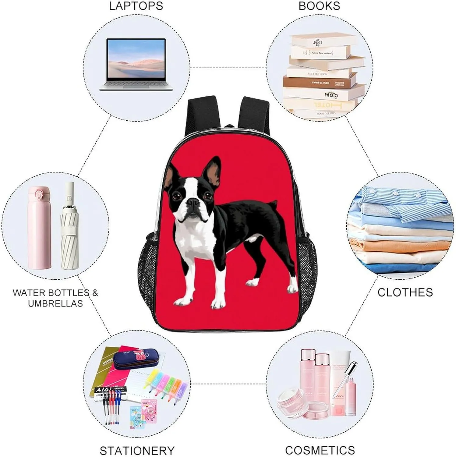 Black And White Boston Terrier Dog Red Backpack Transparent Multipurpose Anti-Theft Shoulder Bag Big Capacity Gym Outdoor Hiking Backpack With Padded Straps