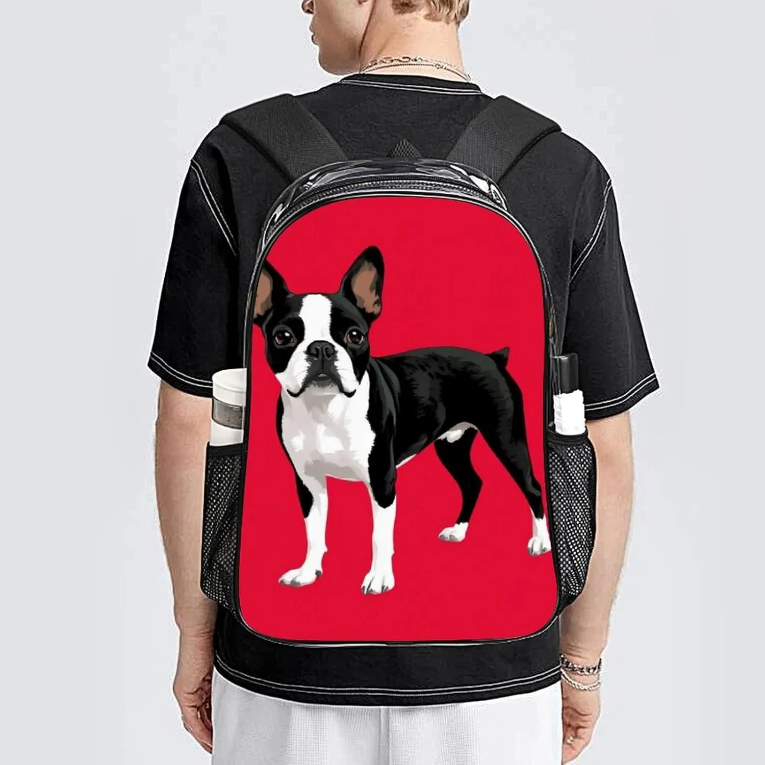 Black And White Boston Terrier Dog Red Backpack Transparent Multipurpose Anti-Theft Shoulder Bag Big Capacity Gym Outdoor Hiking Backpack With Padded Straps