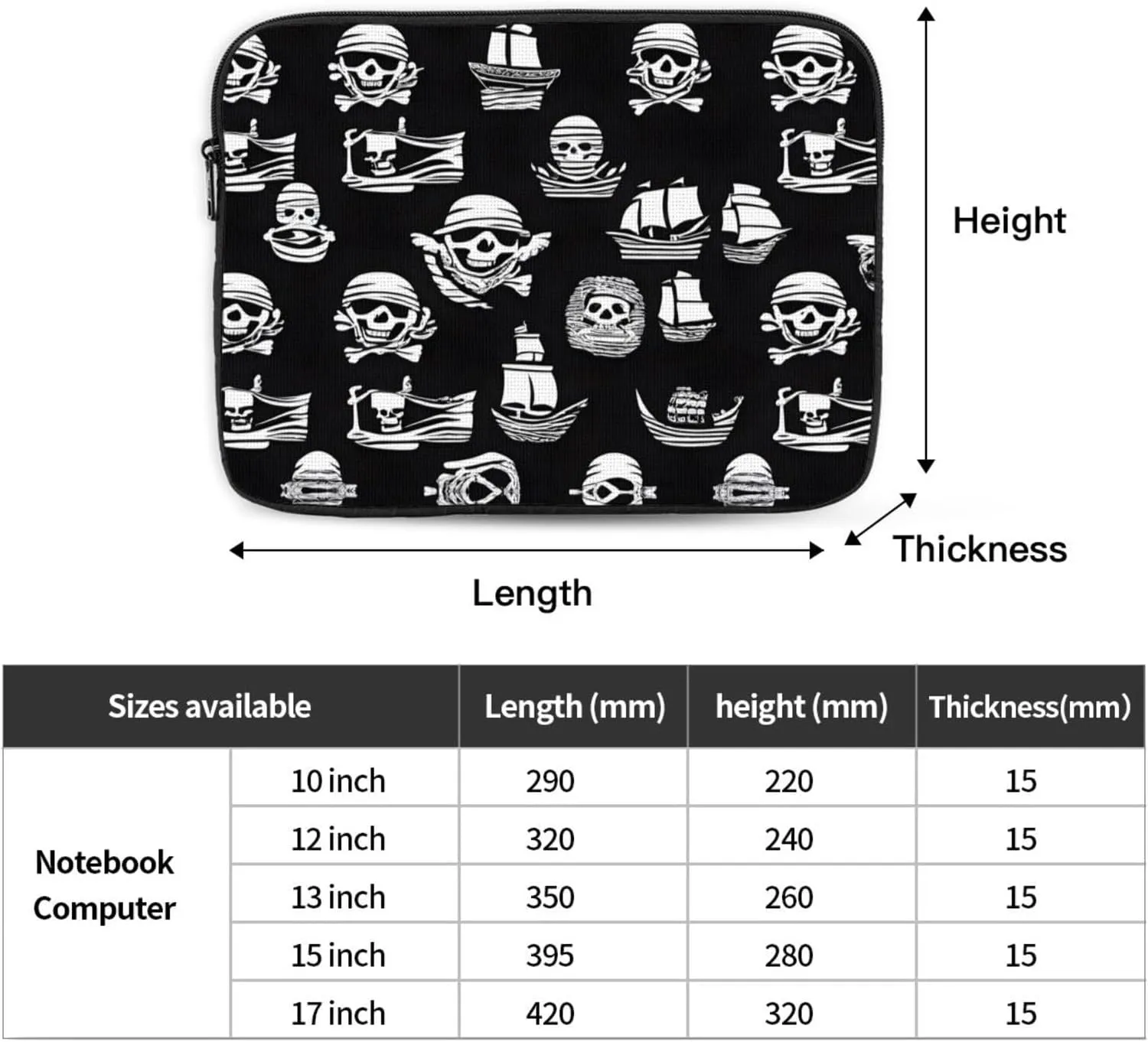 Black and White Pirates Pattern Shockproof Portable Laptop 13 inch Sleeve Bag for Men and Women - Ideal for Business Travel, School, and Daily Use