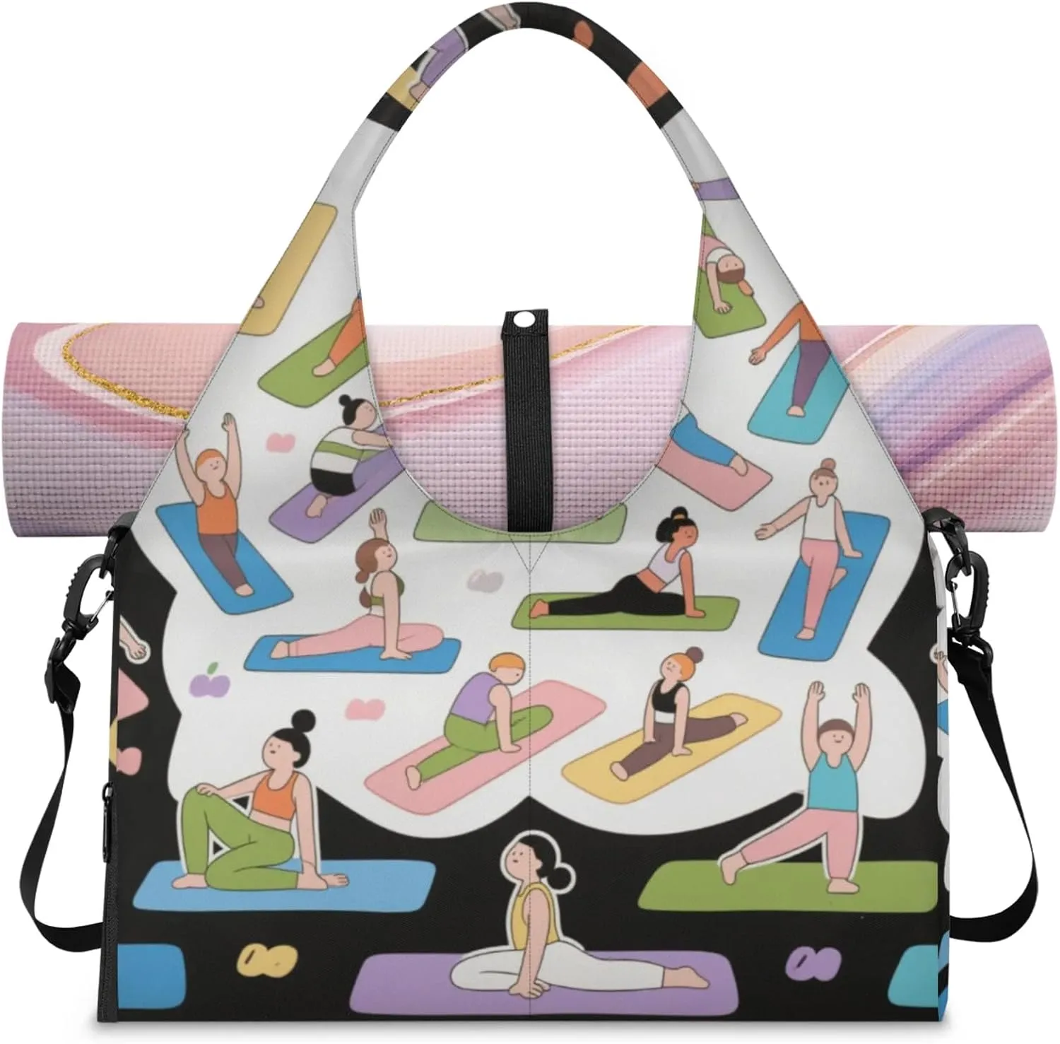 Black and White Yoga Women's Yoga Gym Bag - Adjustable shoulder strap with shoe compartment, large gym bag with multiple pockets for yoga mat, gym equipment and travel accessories