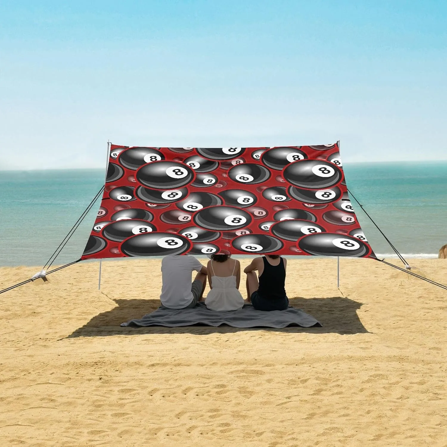 Black Billiards 8 Ball Pattern Beach Canopy Tent Anti-UV & Wind Resistant, Camping Sun Shelter Easy Setup Portable,Outdoor Shade Tents with Sandbags,Sand Shovels,Ground Pegs & Stability Poles