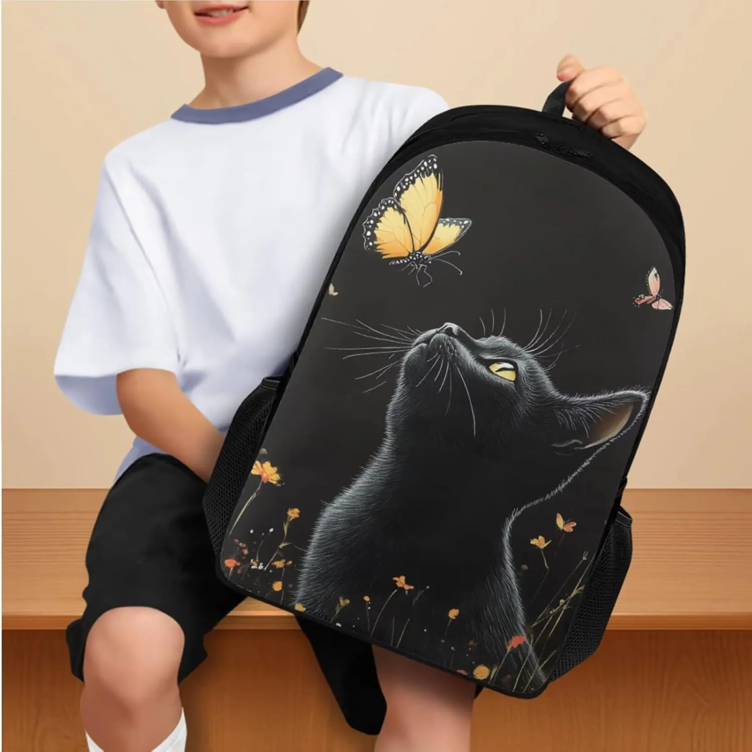Black Cat School Backpack for Boys 4Pcs 17 Inch Large Book Bag Portable Kids Backpack with Lunch Bag Pencil Case and Water Bottle Sleeve Lightweight Bookbags for 7Th Grade Girls