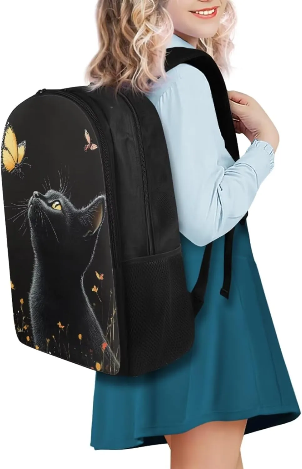 Black Cat School Backpack for Boys 4Pcs 17 Inch Large Book Bag Portable Kids Backpack with Lunch Bag Pencil Case and Water Bottle Sleeve Lightweight Bookbags for 7Th Grade Girls