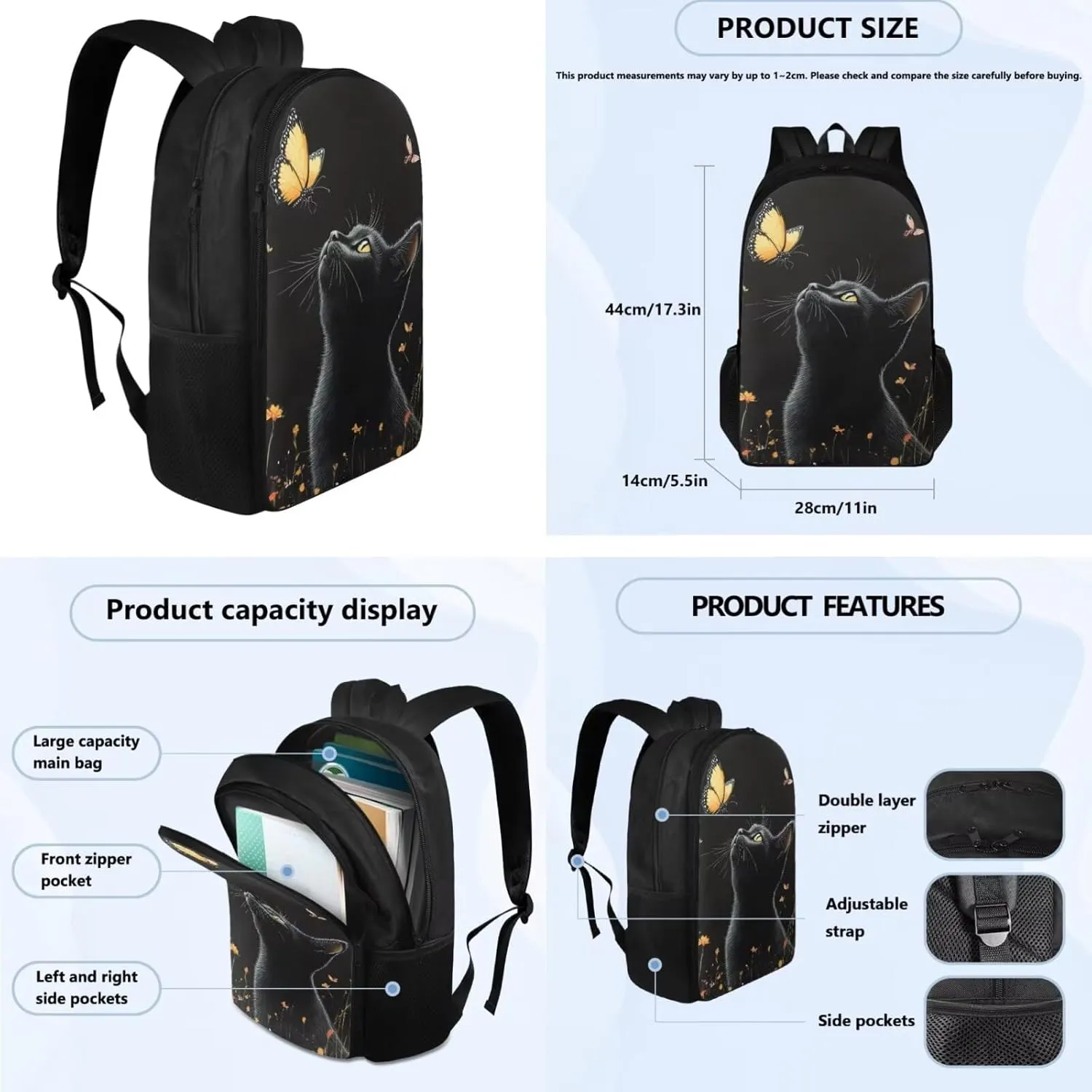 Black Cat School Backpack for Boys 4Pcs 17 Inch Large Book Bag Portable Kids Backpack with Lunch Bag Pencil Case and Water Bottle Sleeve Lightweight Bookbags for 7Th Grade Girls