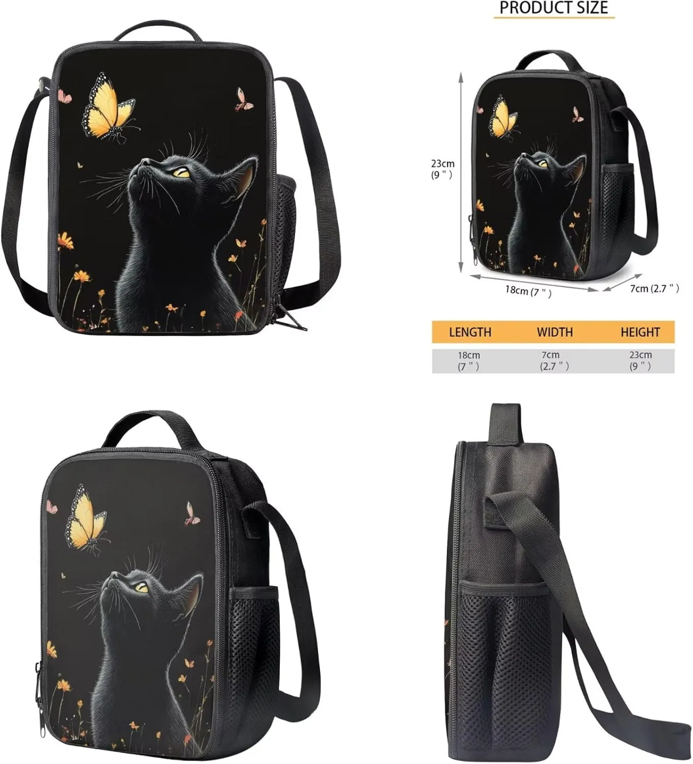 Black Cat School Backpack for Boys 4Pcs 17 Inch Large Book Bag Portable Kids Backpack with Lunch Bag Pencil Case and Water Bottle Sleeve Lightweight Bookbags for 7Th Grade Girls