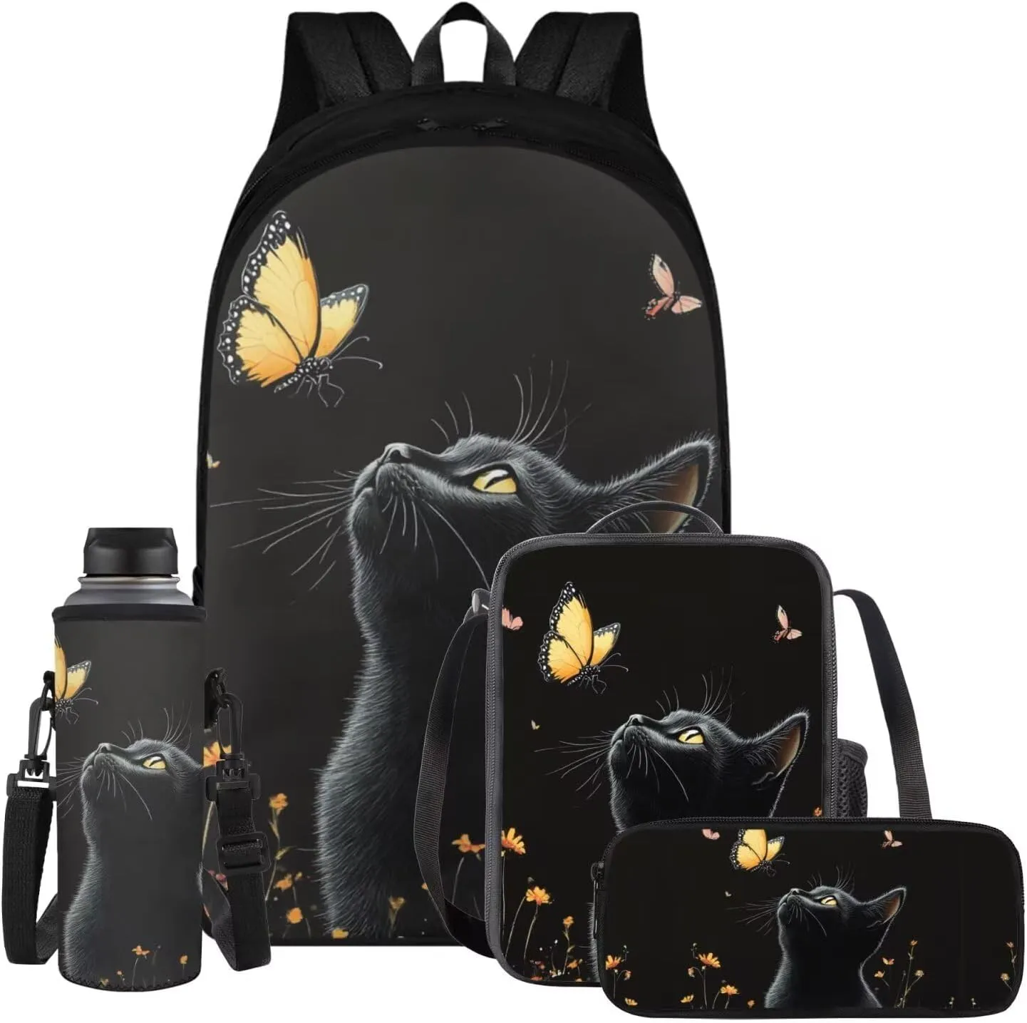 Black Cat School Backpack for Boys 4Pcs 17 Inch Large Book Bag Portable Kids Backpack with Lunch Bag Pencil Case and Water Bottle Sleeve Lightweight Bookbags for 7Th Grade Girls