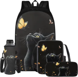 Black Cat School Backpack for Boys 4Pcs 17 Inch Large Book Bag Portable Kids Backpack with Lunch Bag Pencil Case and Water Bottle Sleeve Lightweight Bookbags for 7Th Grade Girls