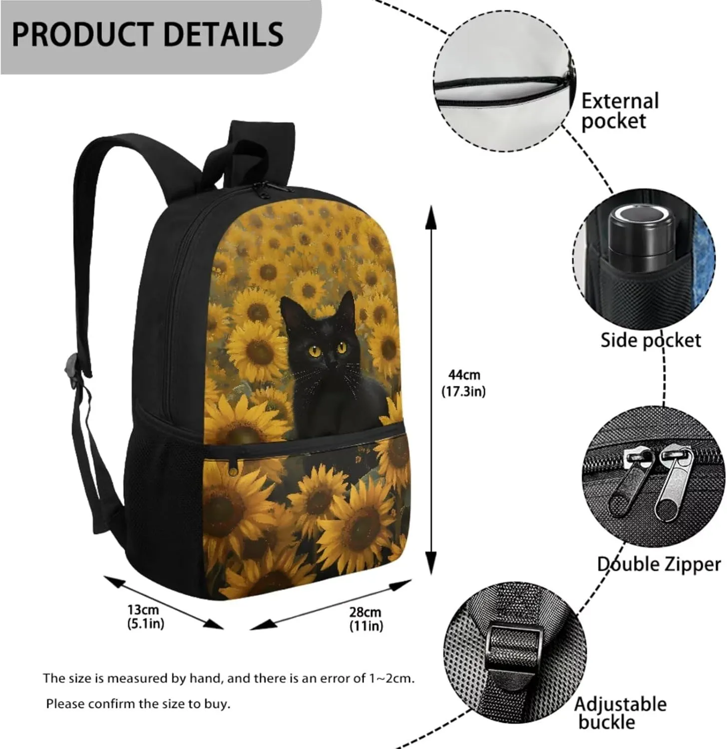 Black Cat Sunflower Print Backpack with Lunch Box Pencil Case Set for Kids Elementary Preschool School Bookbag 3-in-1 Student Back Packs Satchel Travel Daypack Rucksack