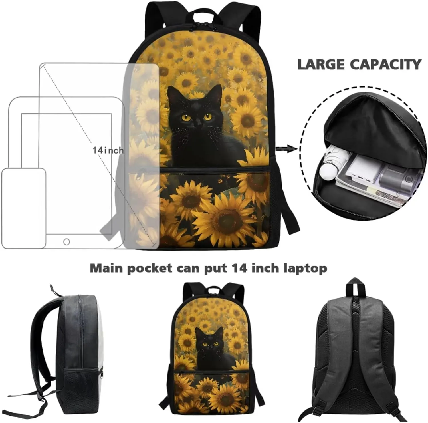 Black Cat Sunflower Print Backpack with Lunch Box Pencil Case Set for Kids Elementary Preschool School Bookbag 3-in-1 Student Back Packs Satchel Travel Daypack Rucksack