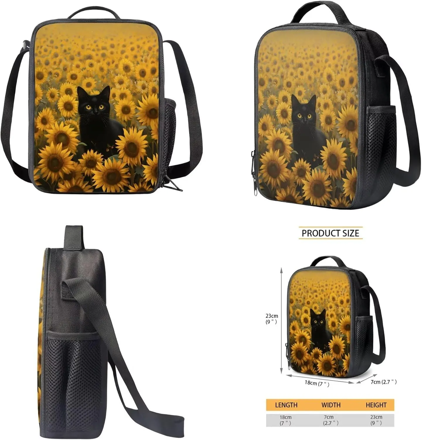 Black Cat Sunflower Print Backpack with Lunch Box Pencil Case Set for Kids Elementary Preschool School Bookbag 3-in-1 Student Back Packs Satchel Travel Daypack Rucksack