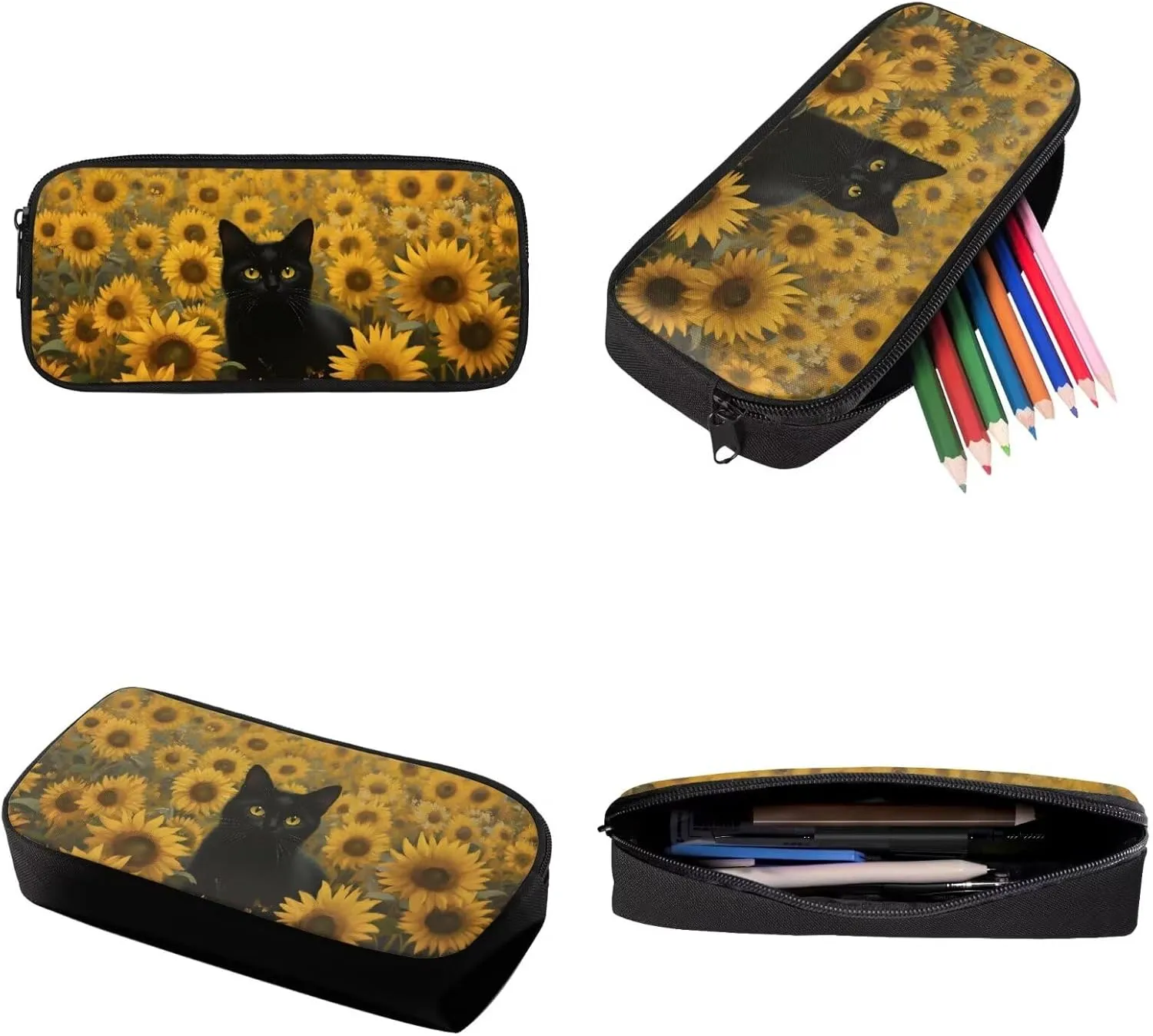 Black Cat Sunflower Print Backpack with Lunch Box Pencil Case Set for Kids Elementary Preschool School Bookbag 3-in-1 Student Back Packs Satchel Travel Daypack Rucksack