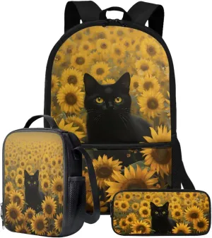 Black Cat Sunflower Print Backpack with Lunch Box Pencil Case Set for Kids Elementary Preschool School Bookbag 3-in-1 Student Back Packs Satchel Travel Daypack Rucksack