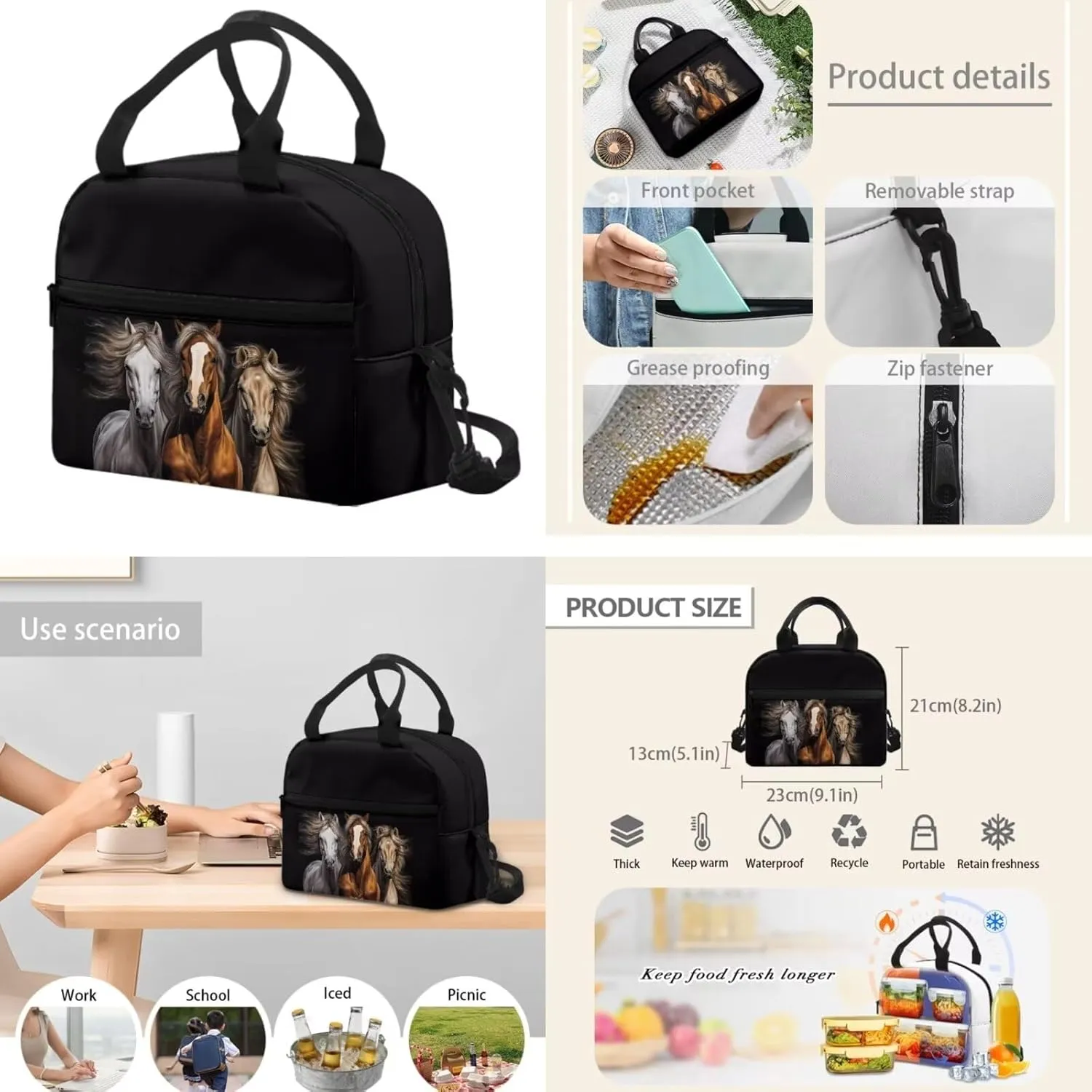 Black Horse Backpack Purse 3 PCS School Bookbag for Boys Girls with Lunch Box Pemcil Case 3D Animals School Bag for Middle Elementary College Students Daypack Rucksack Travel Daypack