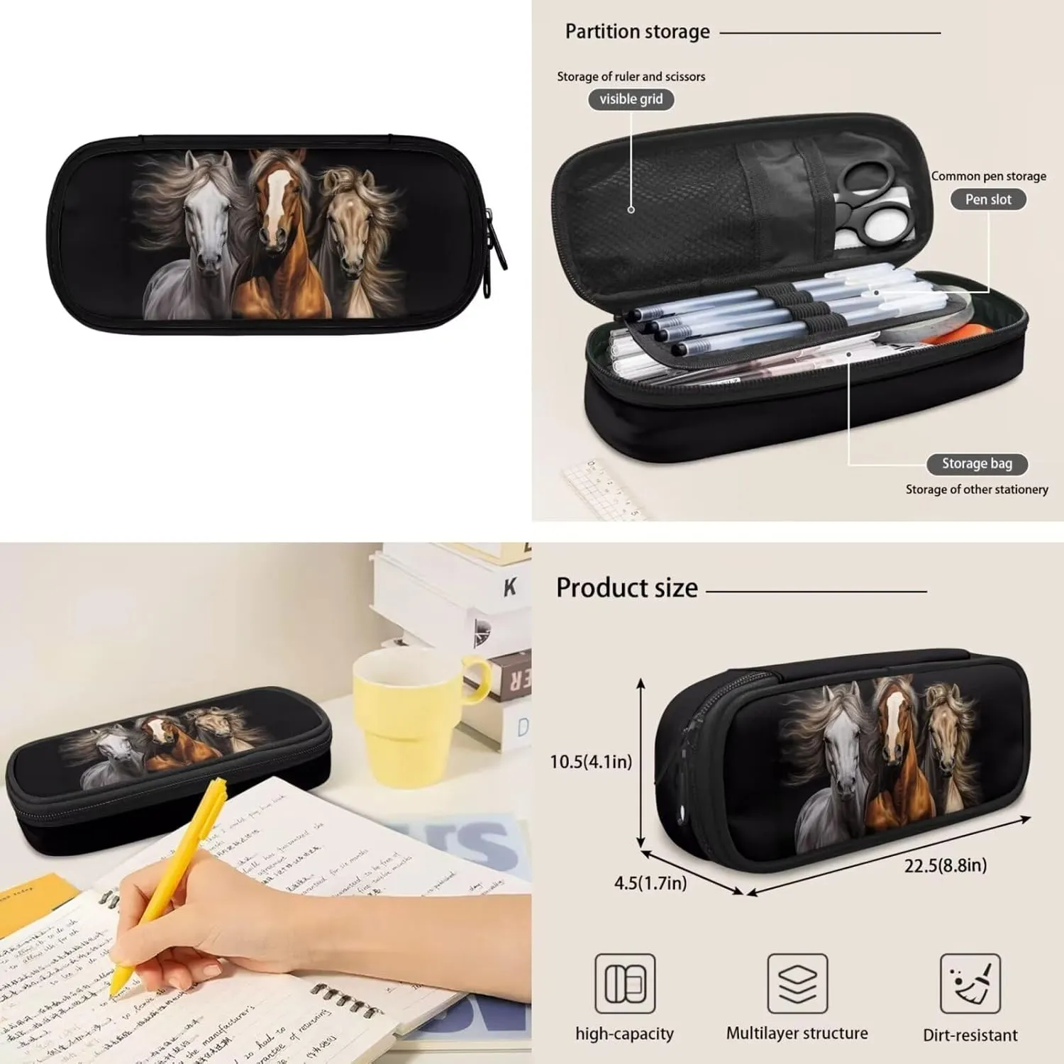 Black Horse Backpack Purse 3 PCS School Bookbag for Boys Girls with Lunch Box Pemcil Case 3D Animals School Bag for Middle Elementary College Students Daypack Rucksack Travel Daypack