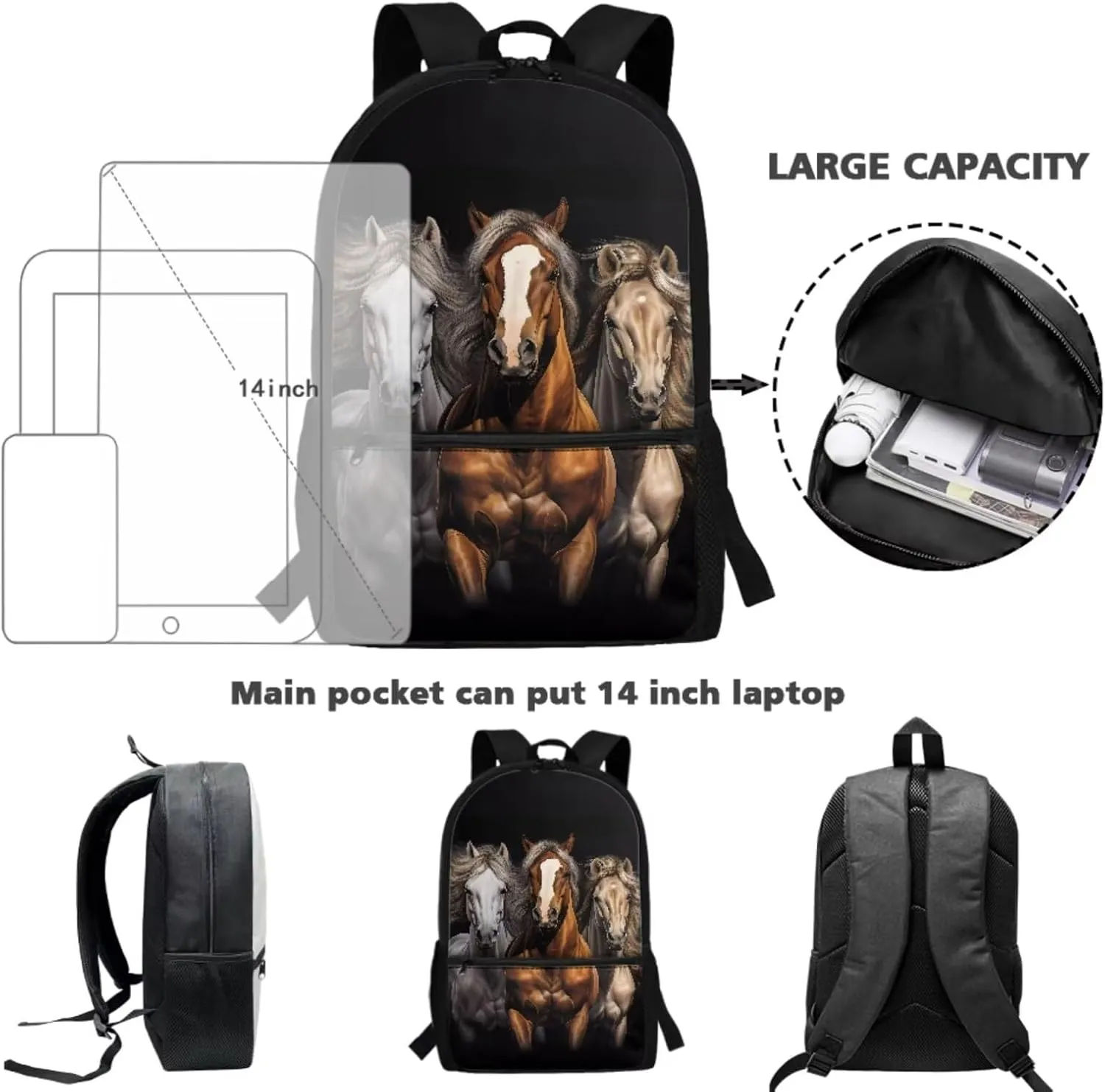 Black Horse Backpack Purse 3 PCS School Bookbag for Boys Girls with Lunch Box Pemcil Case 3D Animals School Bag for Middle Elementary College Students Daypack Rucksack Travel Daypack