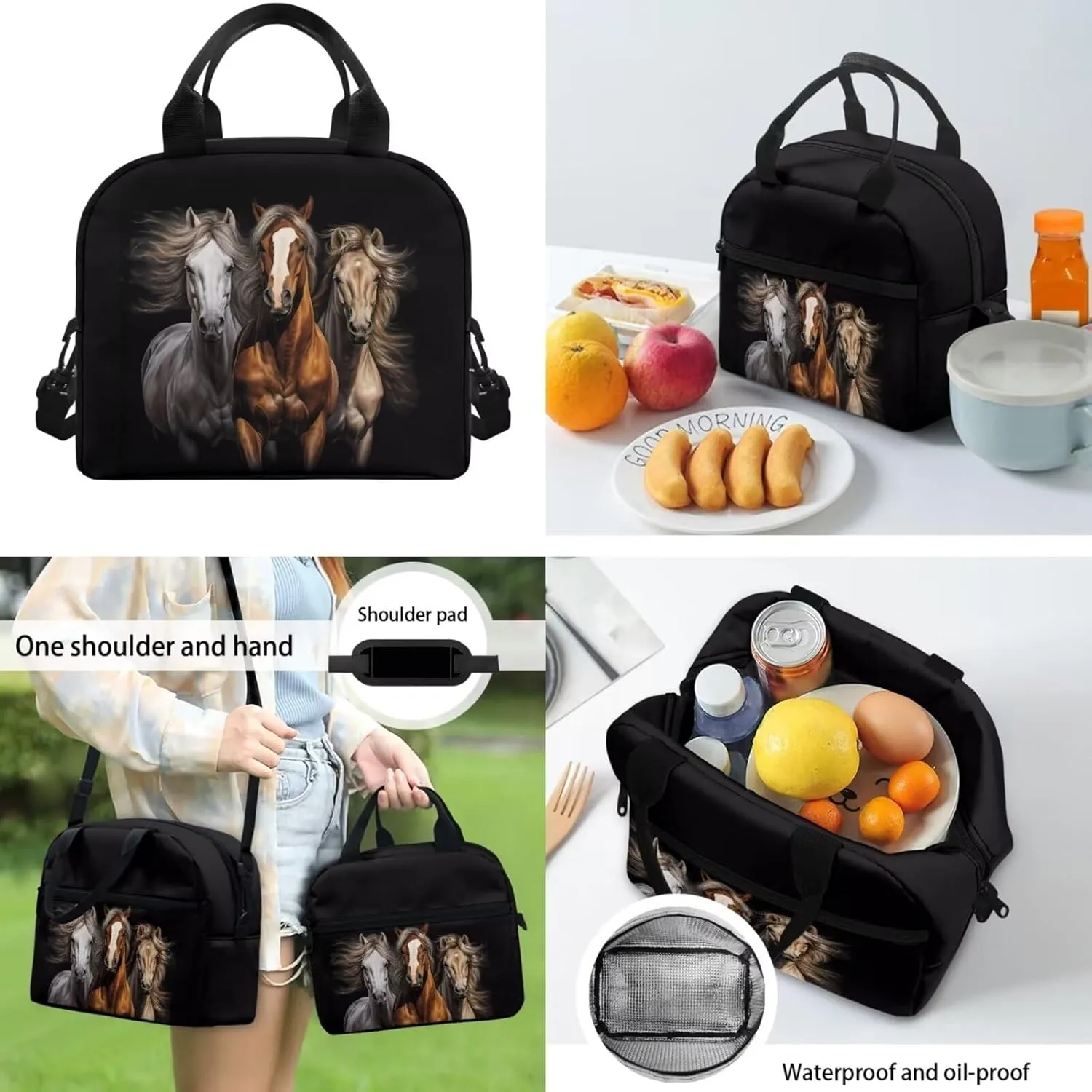 Black Horse Backpack Purse 3 PCS School Bookbag for Boys Girls with Lunch Box Pemcil Case 3D Animals School Bag for Middle Elementary College Students Daypack Rucksack Travel Daypack
