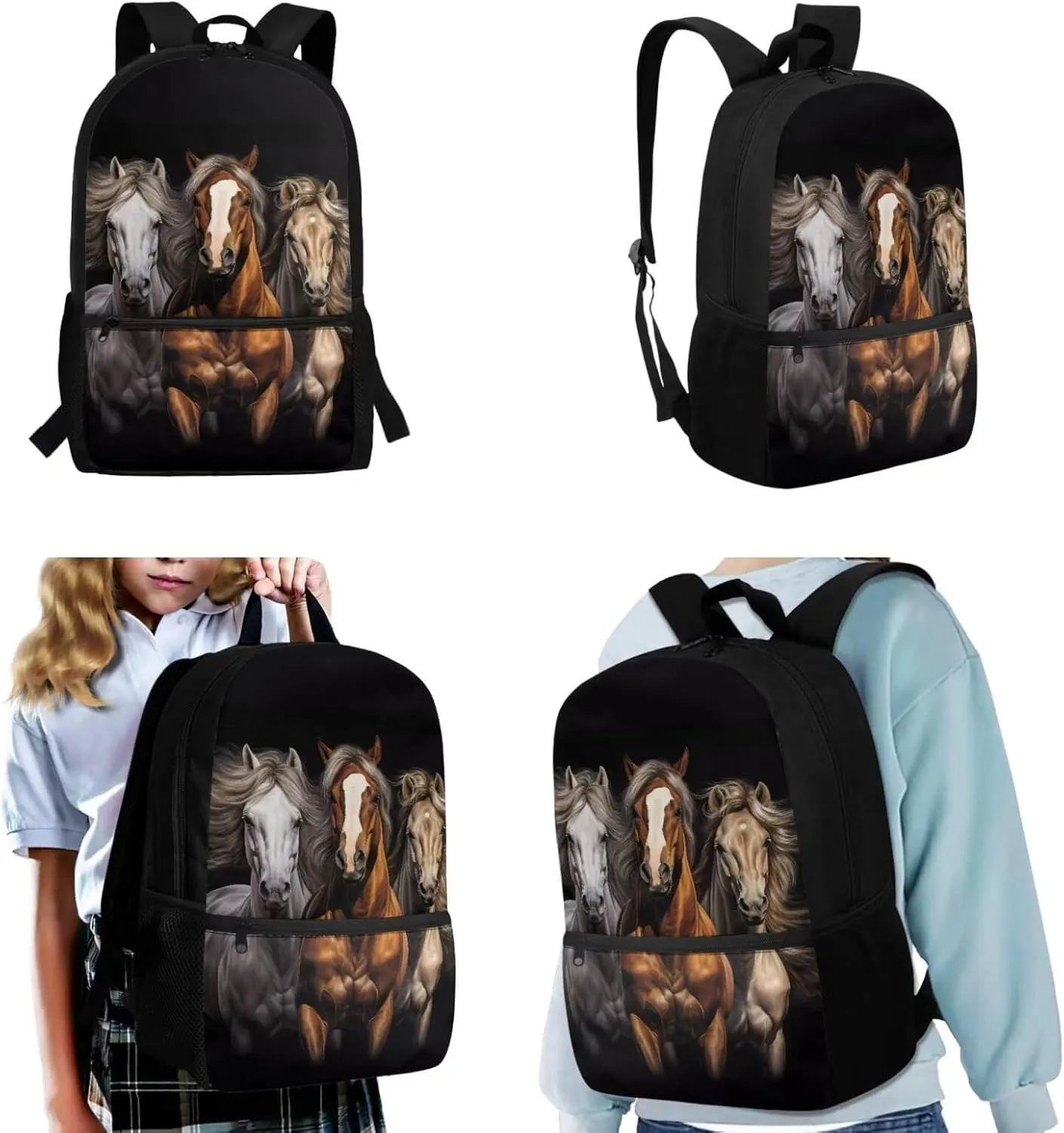 Black Horse Backpack Purse 3 PCS School Bookbag for Boys Girls with Lunch Box Pemcil Case 3D Animals School Bag for Middle Elementary College Students Daypack Rucksack Travel Daypack