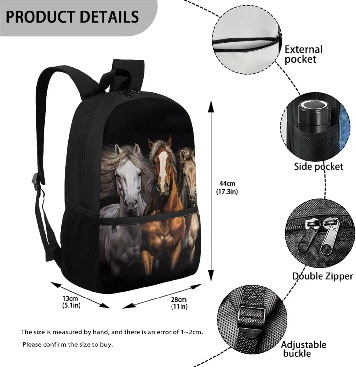 Black Horse Backpack Purse 3 PCS School Bookbag for Boys Girls with Lunch Box Pemcil Case 3D Animals School Bag for Middle Elementary College Students Daypack Rucksack Travel Daypack