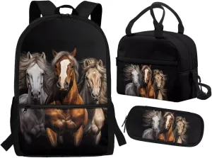 Black Horse Backpack Purse 3 PCS School Bookbag for Boys Girls with Lunch Box Pemcil Case 3D Animals School Bag for Middle Elementary College Students Daypack Rucksack Travel Daypack