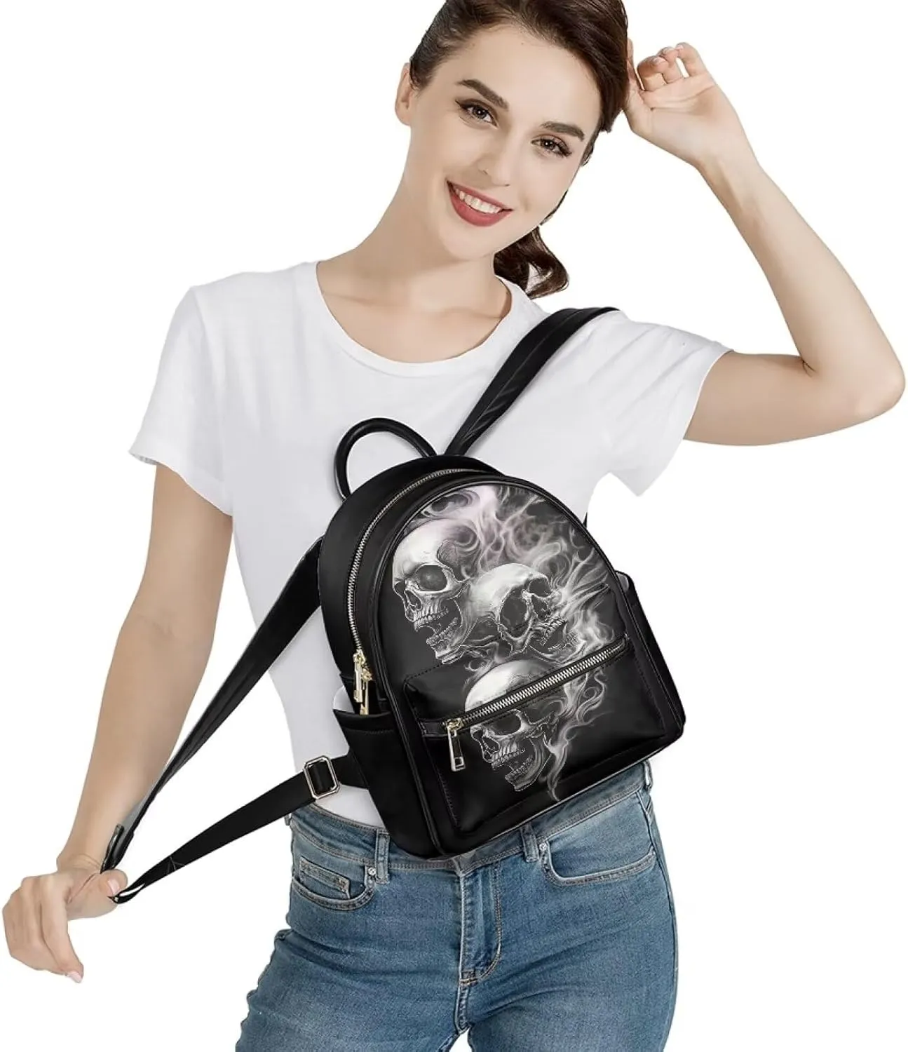 Black Skull Mini Backpack for Women Casual PU Leather Backpack Work Daypack Waterproof Travel Shoulders Bag with Front Zipper Pocket