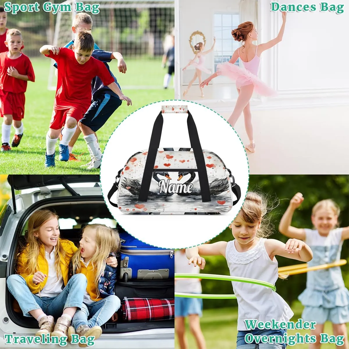 Black Swan Valentine's Day Custom Name Sport Duffel Bag Dance Bag for Girls Teens Personalized Ballet Bag Gift for Birthday Christmas Helloween