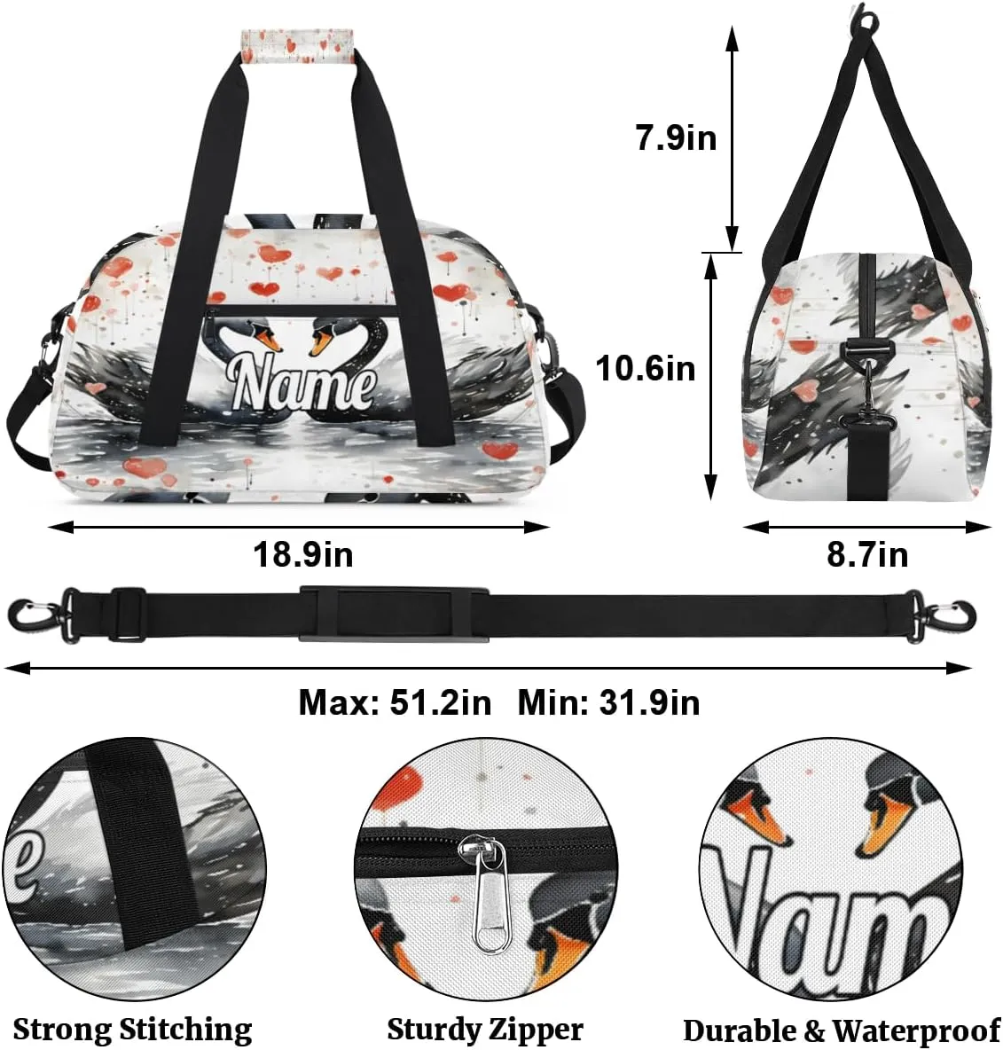 Black Swan Valentine's Day Custom Name Sport Duffel Bag Dance Bag for Girls Teens Personalized Ballet Bag Gift for Birthday Christmas Helloween