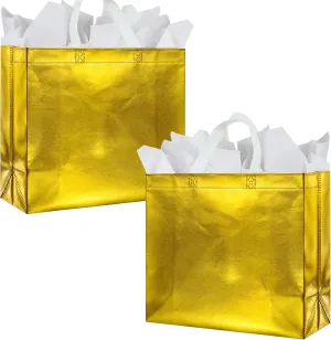 BLEWINDZ 18 Large Reusable Gold Gift Bags With Tissues and White Handles, Tote Bags for Bridesmaid, Wedding, Party, Birthday, Valentine's, Party Favors