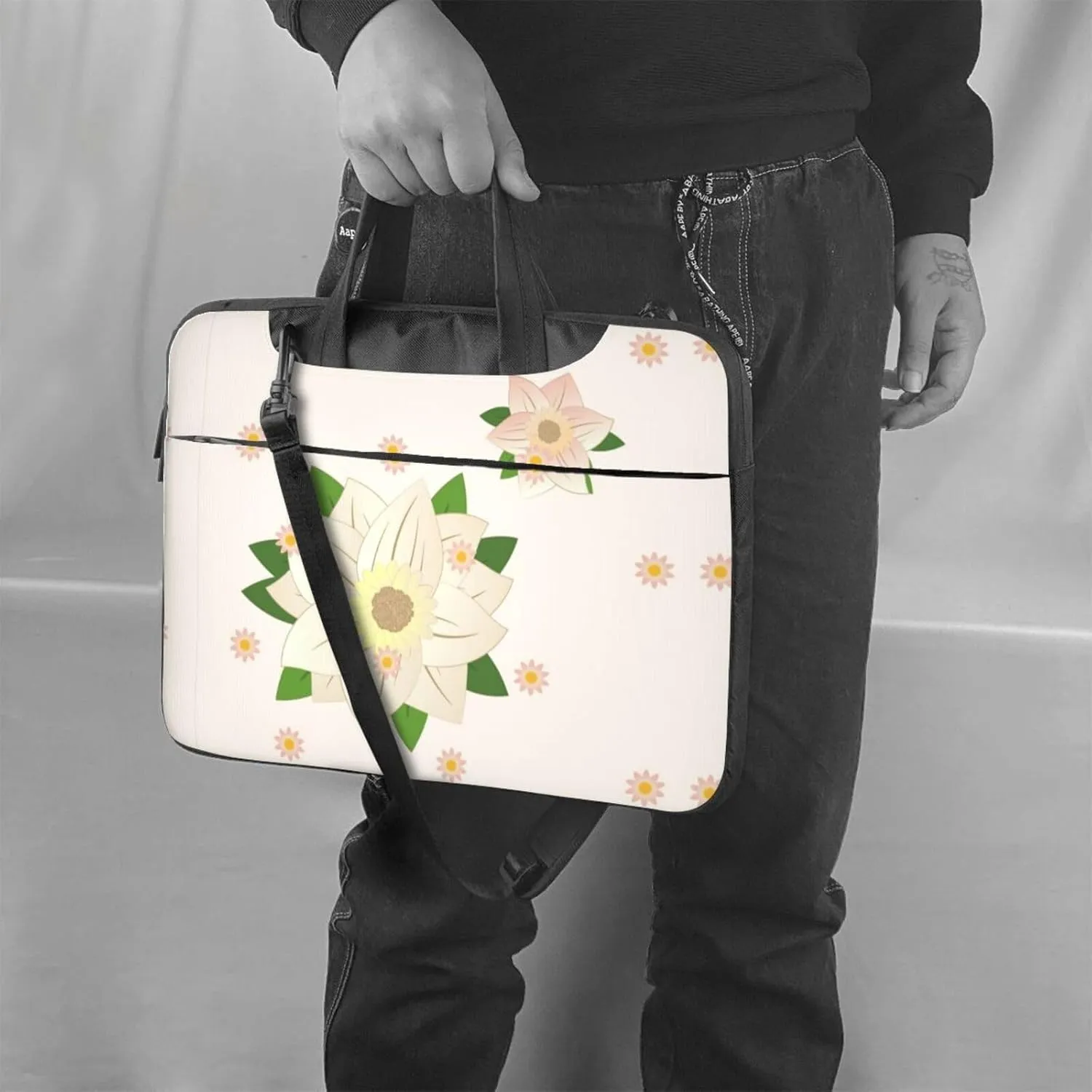 Blooming Hexagonal White Picture Oxford Cloth Shoulder Laptop Bag Stylish And Protective Shockproof Soft Lining