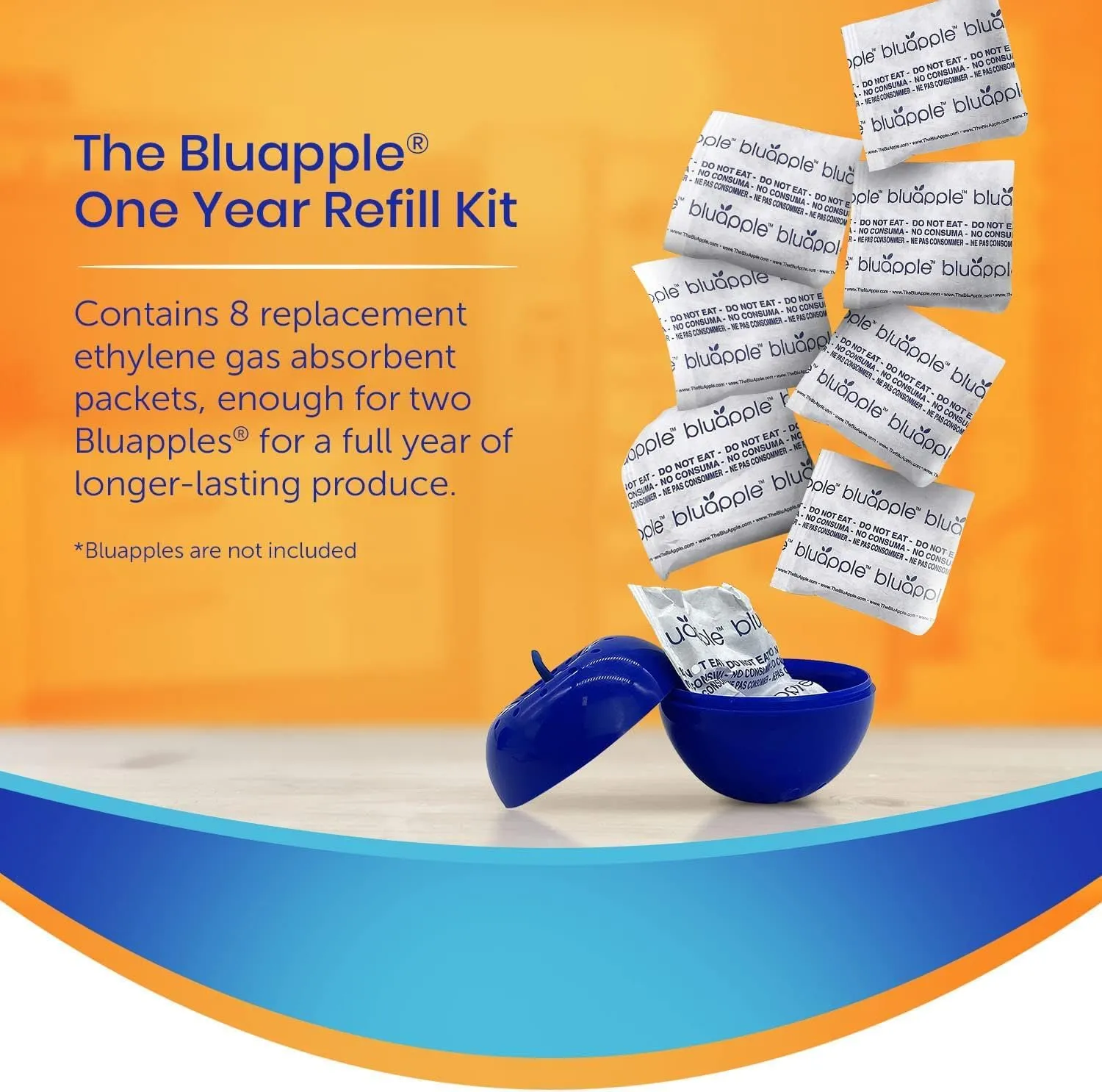 Bluapple Produce Saver Refill Kit - Keep Fruits & Vegetables Fresh Longer, Veggie & Fruit Saver, 8 Packets (9 grams each), Lasts up to 3 Months, Produce Storage, Ethylene Gas Absorber, Made in USA