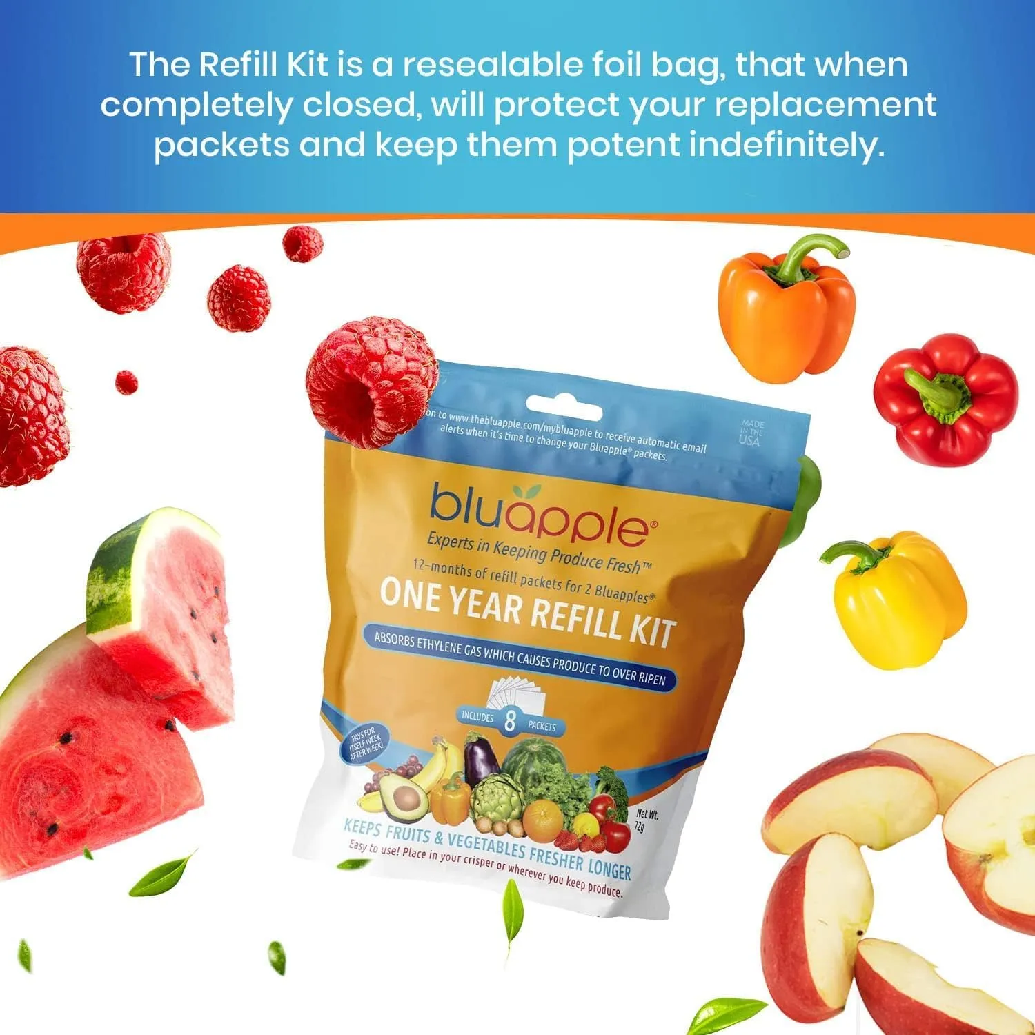 Bluapple Produce Saver Refill Kit - Keep Fruits & Vegetables Fresh Longer, Veggie & Fruit Saver, 8 Packets (9 grams each), Lasts up to 3 Months, Produce Storage, Ethylene Gas Absorber, Made in USA
