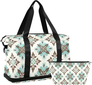 Blue Ceramic Tile Pattern Gym Bag for Women Sport Travel Duffel Bag Shoulder Weekender Overnight Bags with Wet Pocket & Shoe Compartment