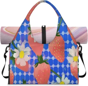 Blue checkered strawberry Women's Yoga Gym Bag - Adjustable shoulder strap with shoe compartment, large gym bag with multiple pockets for yoga mat, gym equipment and travel accessories