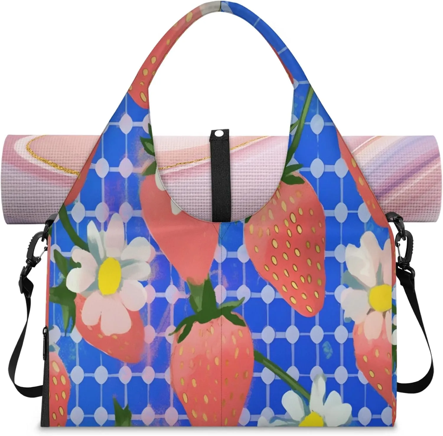 Blue checkered strawberry Women's Yoga Gym Bag - Adjustable shoulder strap with shoe compartment, large gym bag with multiple pockets for yoga mat, gym equipment and travel accessories