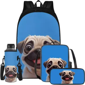 Blue Dog Bookbags for 5Th Grade Girls Backpack and Lunch Bag Set for Girls with Pencil Case Water Bottle Sleeve 4Pcs Set Bookbag for Students Going To School