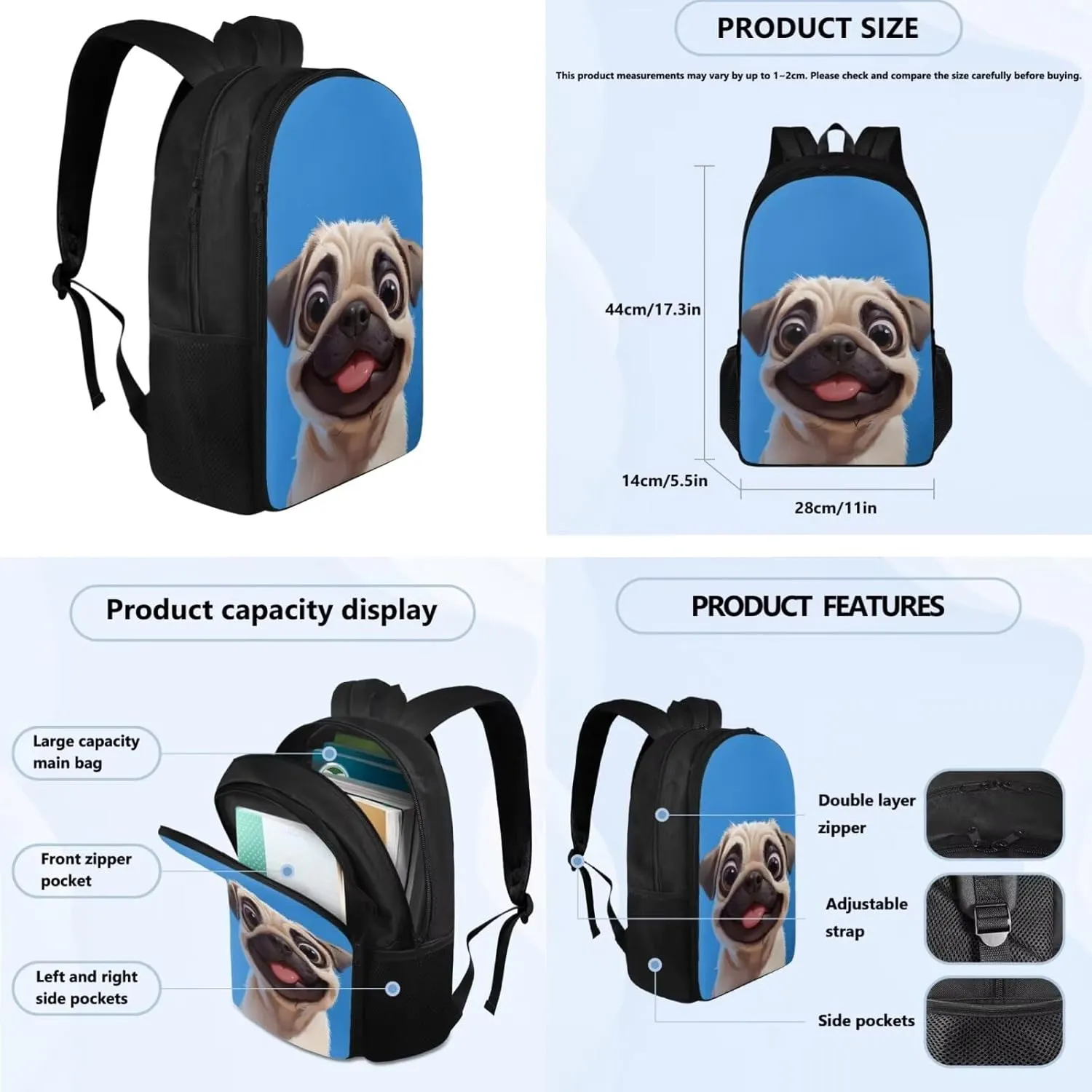 Blue Dog Bookbags for 5Th Grade Girls Backpack and Lunch Bag Set for Girls with Pencil Case Water Bottle Sleeve 4Pcs Set Bookbag for Students Going To School