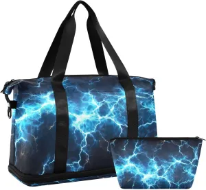 Blue Electric Sparks Gym Bag - Weekender Overnight Bags for Women Men, Sport Travel Duffel Bag with Wet Pocket & Shoe Compartment