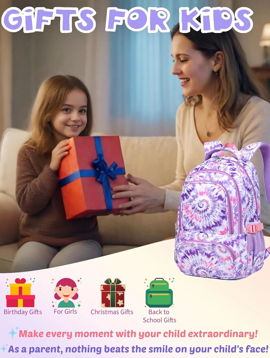 BLUEFAIRY Girls Backpack with Lunch Box Kids Bookbag Set Elemenatry School Bag 17" with insulated Lunch Bag Lunchbox Set Cute Back to School Gifts Mochilas Escolares para Niñas Tie Dye Purple