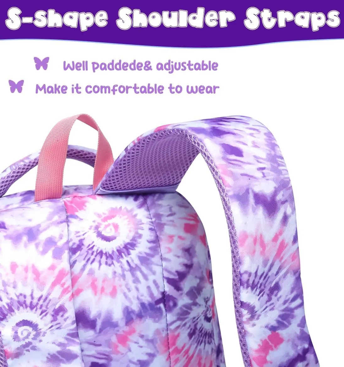 BLUEFAIRY Girls Backpack with Lunch Box Kids Bookbag Set Elemenatry School Bag 17" with insulated Lunch Bag Lunchbox Set Cute Back to School Gifts Mochilas Escolares para Niñas Tie Dye Purple