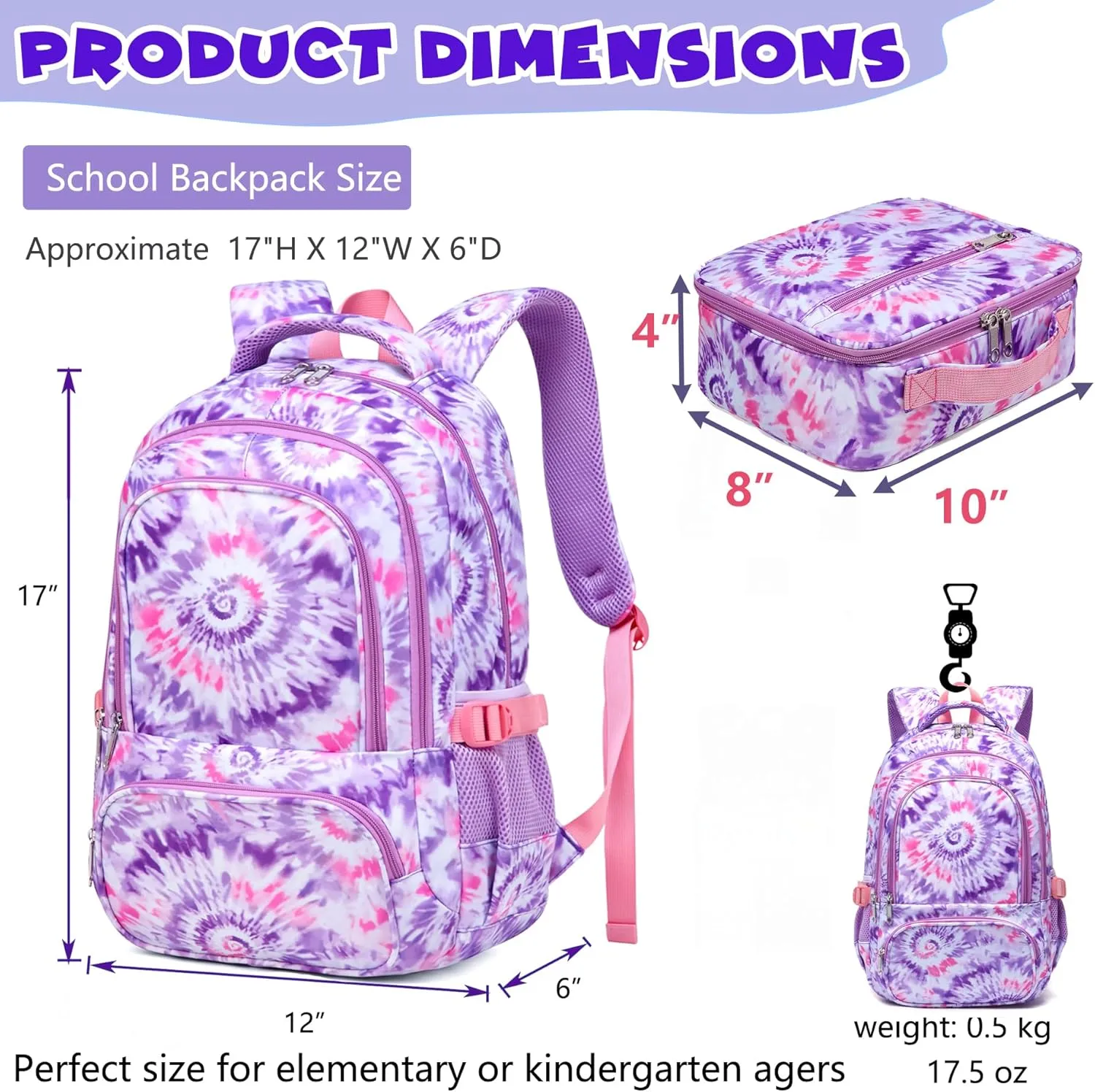BLUEFAIRY Girls Backpack with Lunch Box Kids Bookbag Set Elemenatry School Bag 17" with insulated Lunch Bag Lunchbox Set Cute Back to School Gifts Mochilas Escolares para Niñas Tie Dye Purple