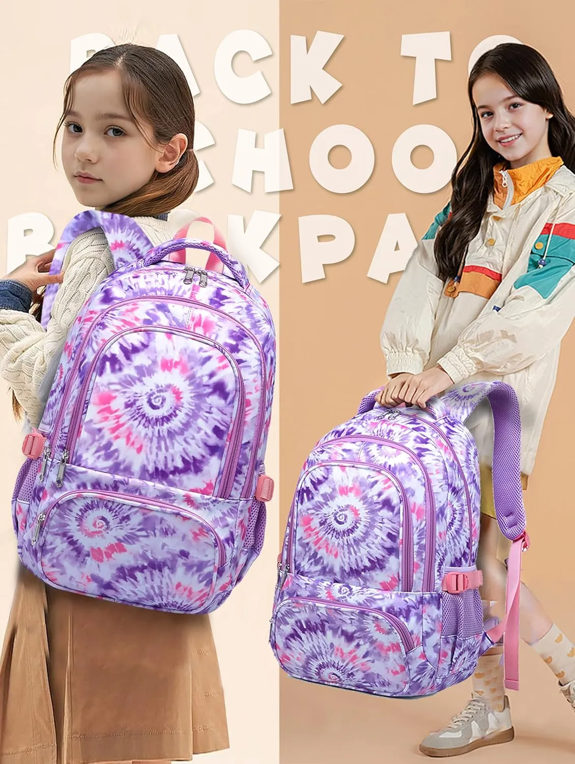 BLUEFAIRY Girls Backpack with Lunch Box Kids Bookbag Set Elemenatry School Bag 17" with insulated Lunch Bag Lunchbox Set Cute Back to School Gifts Mochilas Escolares para Niñas Tie Dye Purple
