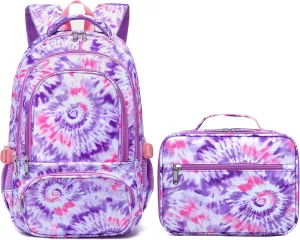 BLUEFAIRY Girls Backpack with Lunch Box Kids Bookbag Set Elemenatry School Bag 17" with insulated Lunch Bag Lunchbox Set Cute Back to School Gifts Mochilas Escolares para Niñas Tie Dye Purple