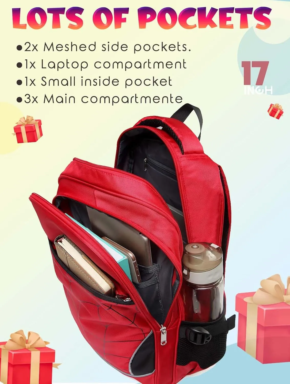 BLUEFAIRY Kids Backpack for Boys Kindergarten Primary School Bags Elementary Preschool Bookbags Back to School Gifts Large Campartments Mochilas para Escolares Niños 17" Red