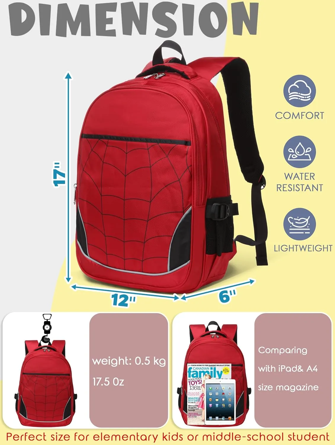 BLUEFAIRY Kids Backpack for Boys Kindergarten Primary School Bags Elementary Preschool Bookbags Back to School Gifts Large Campartments Mochilas para Escolares Niños 17" Red