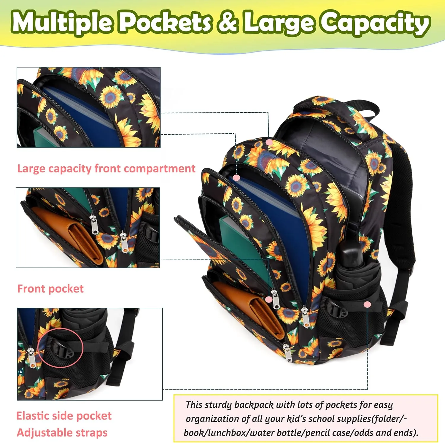BLUEFAIRY School Backpack for Girls Elementary Middle School Book Bag Bookbag for Kids Back to School Gifts Mochila para Niñas 17" Sunflower Black