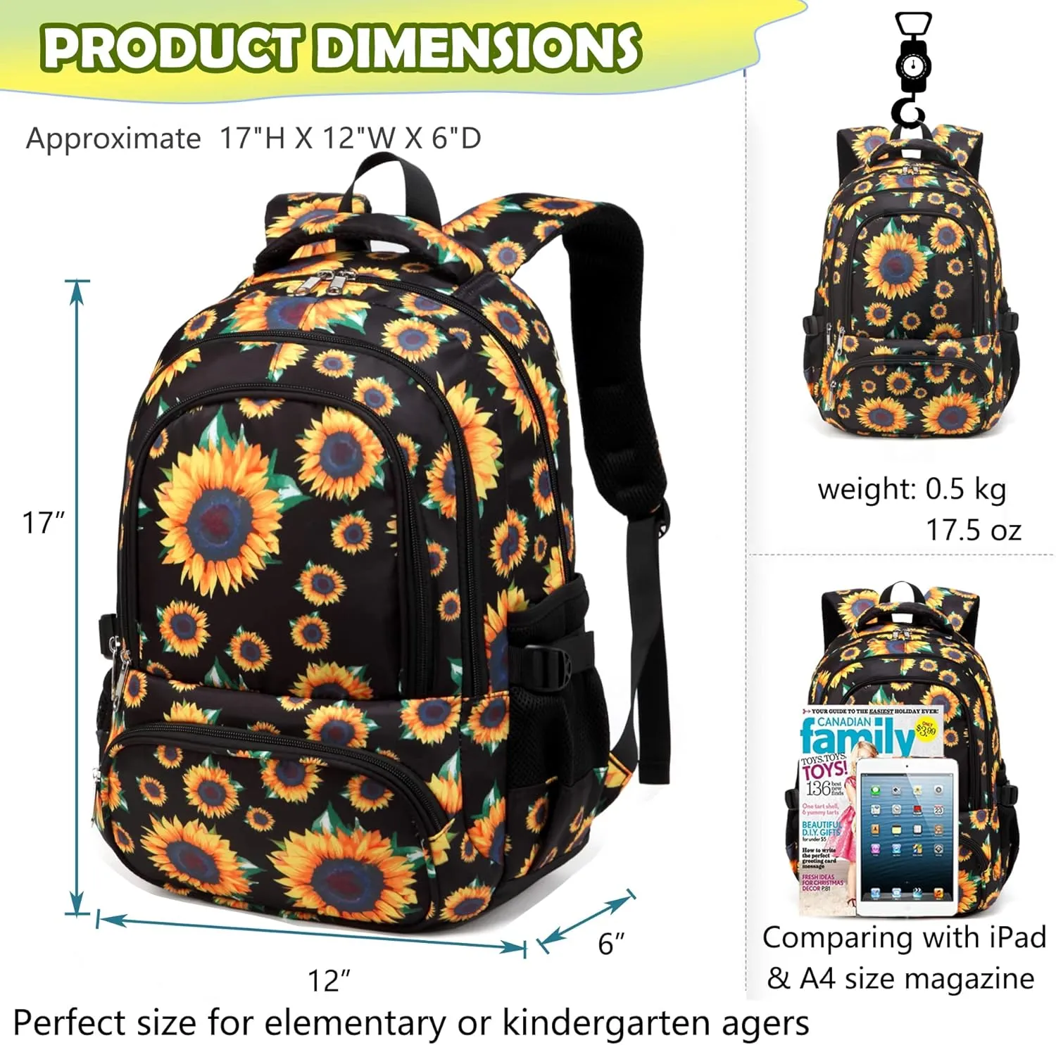 BLUEFAIRY School Backpack for Girls Elementary Middle School Book Bag Bookbag for Kids Back to School Gifts Mochila para Niñas 17" Sunflower Black