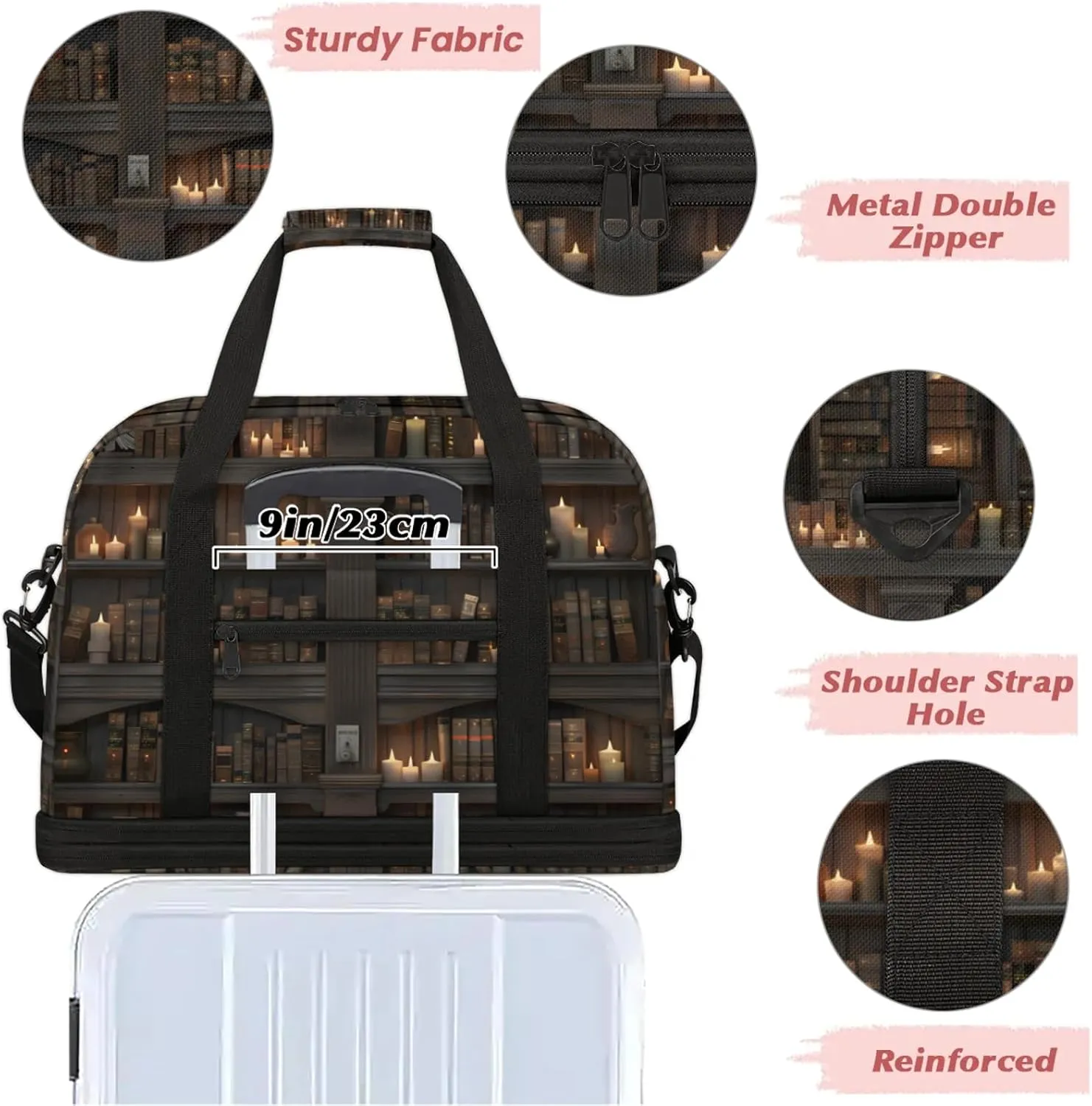 Bookshelf Candle Modern Travel Duffel Bags for Women & Men Large Sports Gym Bags Foldie Weekender Overnight Bag Carry On Tote Bag With Shoe Compartment Personal Item Bag for Travel Sports Gym