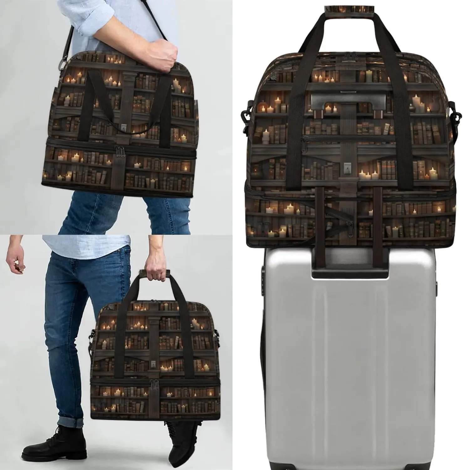 Bookshelf Candle Modern Travel Duffel Bags for Women & Men Large Sports Gym Bags Foldie Weekender Overnight Bag Carry On Tote Bag With Shoe Compartment Personal Item Bag for Travel Sports Gym