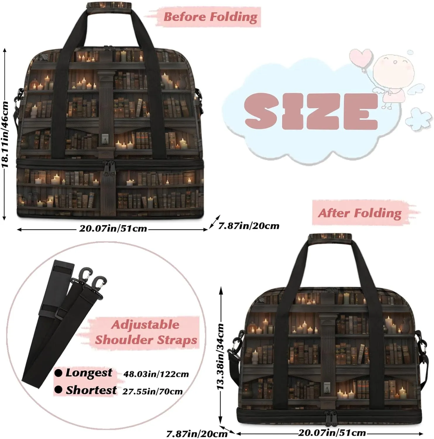 Bookshelf Candle Modern Travel Duffel Bags for Women & Men Large Sports Gym Bags Foldie Weekender Overnight Bag Carry On Tote Bag With Shoe Compartment Personal Item Bag for Travel Sports Gym