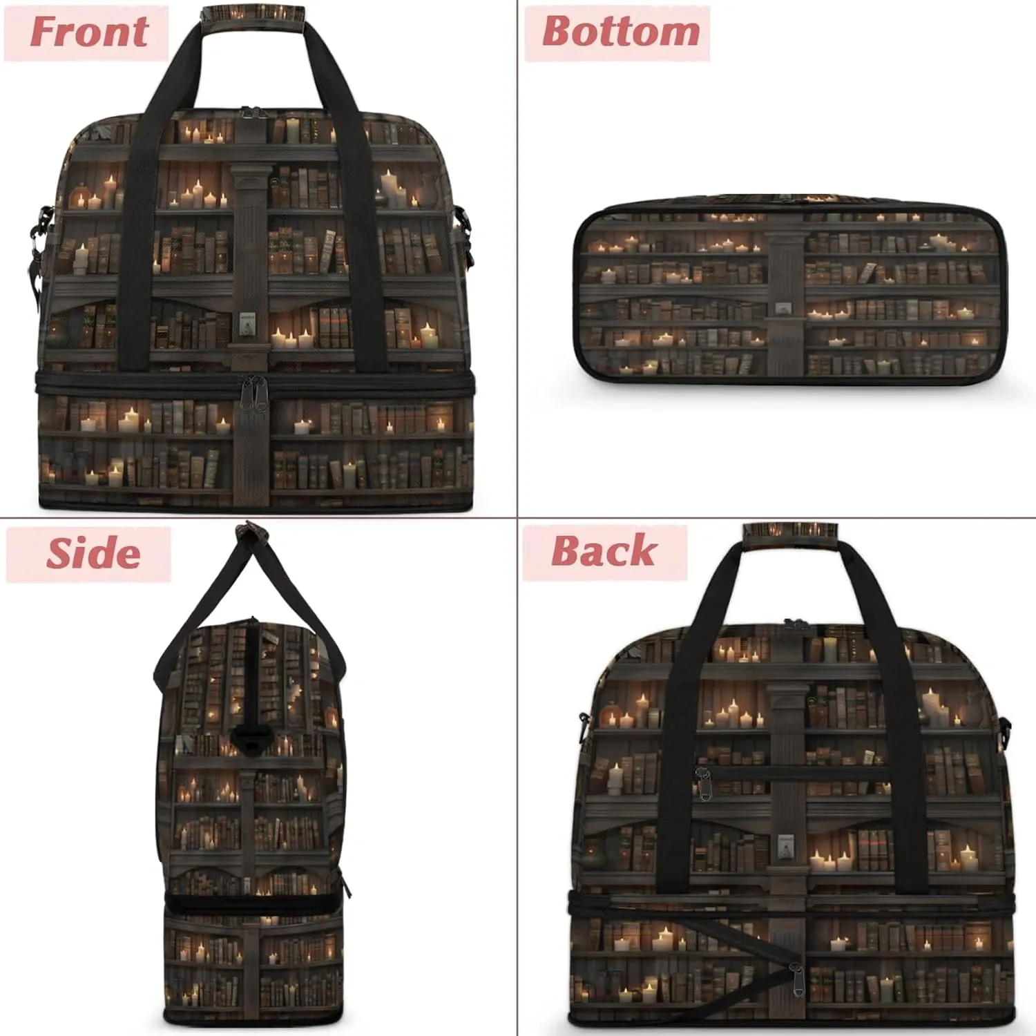 Bookshelf Candle Modern Travel Duffel Bags for Women & Men Large Sports Gym Bags Foldie Weekender Overnight Bag Carry On Tote Bag With Shoe Compartment Personal Item Bag for Travel Sports Gym